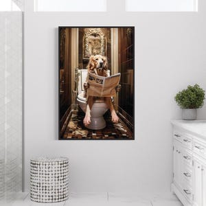 Golden Retriever Dog On The Toilet Reading Newspaper, Funny Bathroom Art, Toilet Humor Animal Print or Canvas Framed Unframed Ready To Hang