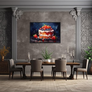 Strawberry Cake Painting - Bakery Decor, Kitchen Wall Art - Dining Room Decor - Cake Canvas Print Framed  Unframed Ready To Hang