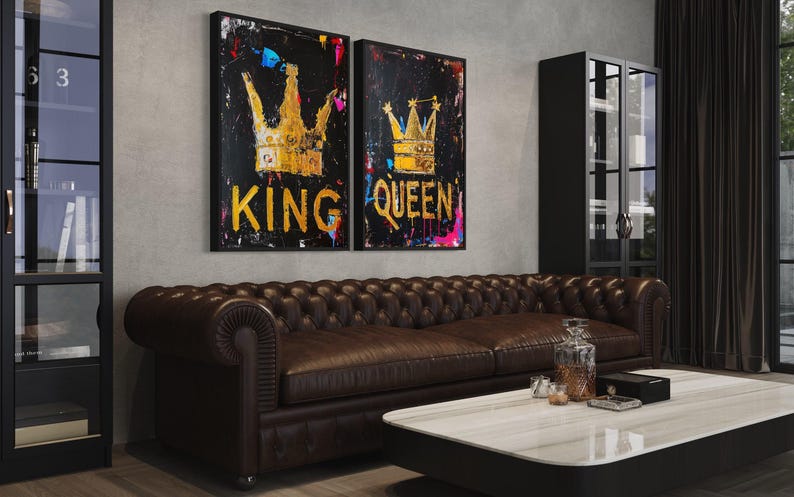 Set of 2 King and Queen Crowns Wall Art - Black Gold Pop Art Painting ...