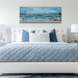 Beach Coastal Wall Art, Long Horizontal Beach With Seashells Painting Canvas PRINT, Above Bed Nautical Wall Art Framed Ready To Hang