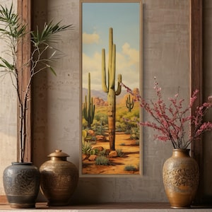 Tall Vertical Cactus Canvas Print, Southwestern Desert Landscape With Saguaro And Red Rocks Painting Canvas Print Framed Ready To Hang