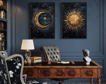 Set of 2 Sun And Moon Wall Art, Celestial Gold Painting On Navy Blue Background Canvas Print Framed Ready To Hang