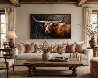 Texas Longhorn Cow Painting Canvas PRINT, Farmhouse Wall Art, Beautiful Cow Texas Pride Wall Decor Framed Ready To Hang