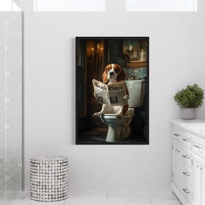 Beagle On The Toilet Reading Newspaper, Funny Bathroom Art, Toilet Humor, Canvas Framed Unframed Ready To Hang