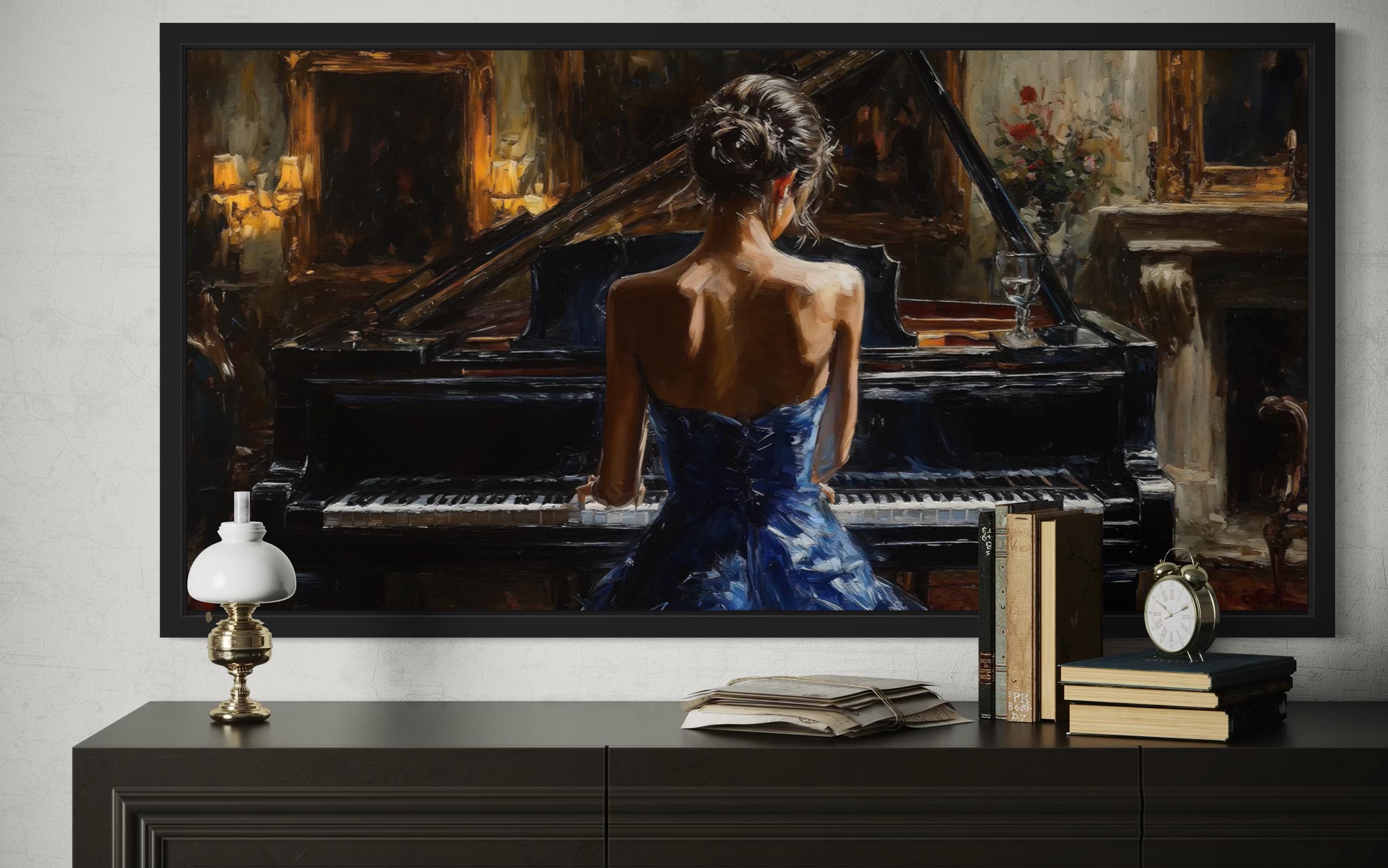 Elegant Woman in Blue Dress Playing Piano Canvas Wall Art, Romantic Music  Room Painting Classical Interior Style, Framed Ready to Hang - Etsy