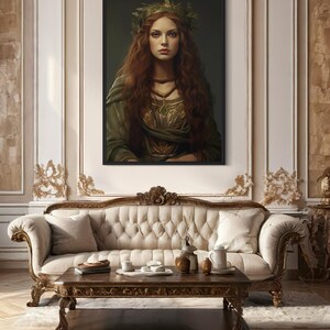 a large portrait of a woman with long, flowing hair and a headpiece, hanging on a wall above a white couch in a luxurious living room setting.