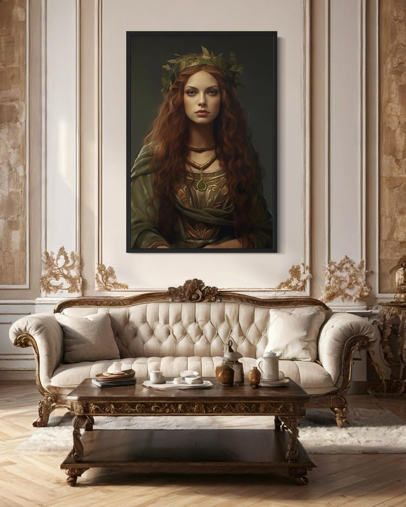 a large portrait of a woman with long, flowing hair and a headpiece, hanging on a wall above a white couch in a luxurious living room setting.