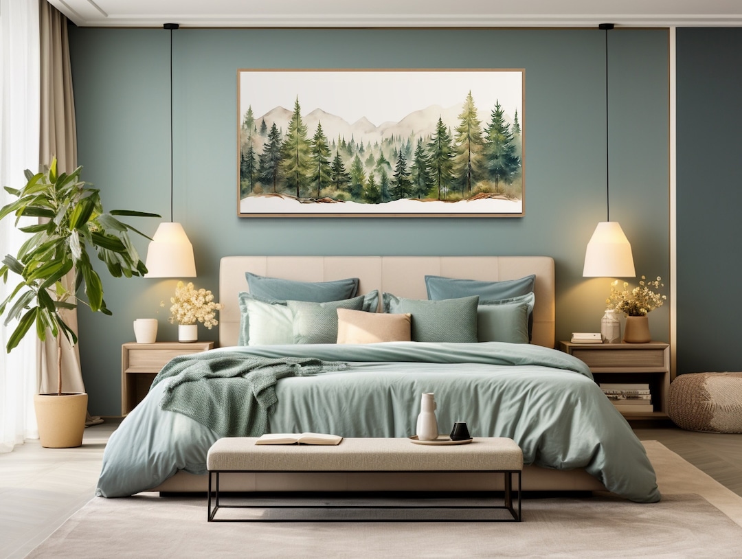 Framed Canvas Wall Art Sage Green Forest Mountain Landscape Canvas ...