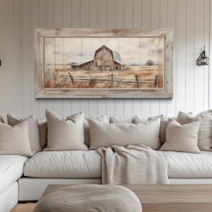 Farmhouse Wall Art, Old Farm Barn Painting On Wood Canvas PRINT, Retro Rustic Barn Wall Decor Framed Unframed Ready To Hang