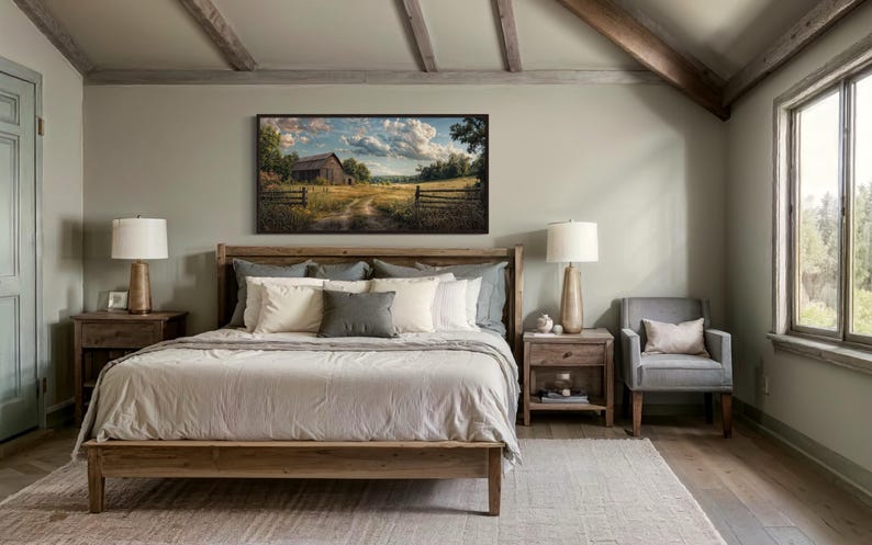 a serene bedroom with a large bed, wooden furniture, and a painting of a rural landscape on the wall.