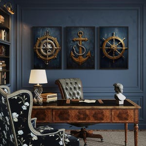 Nautical Wall Art Set of Three Maritime PRINTs - Navy Blue Gold Coastal Decor - Painting of Anchor, Compass, Helm Canvas Print Ready To Hang