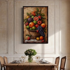 Fruit Basket Painting, Modern Vertical Kitchen Or Dining Room Wall Art, Still Life Wall Decor Framed Ready To Hang