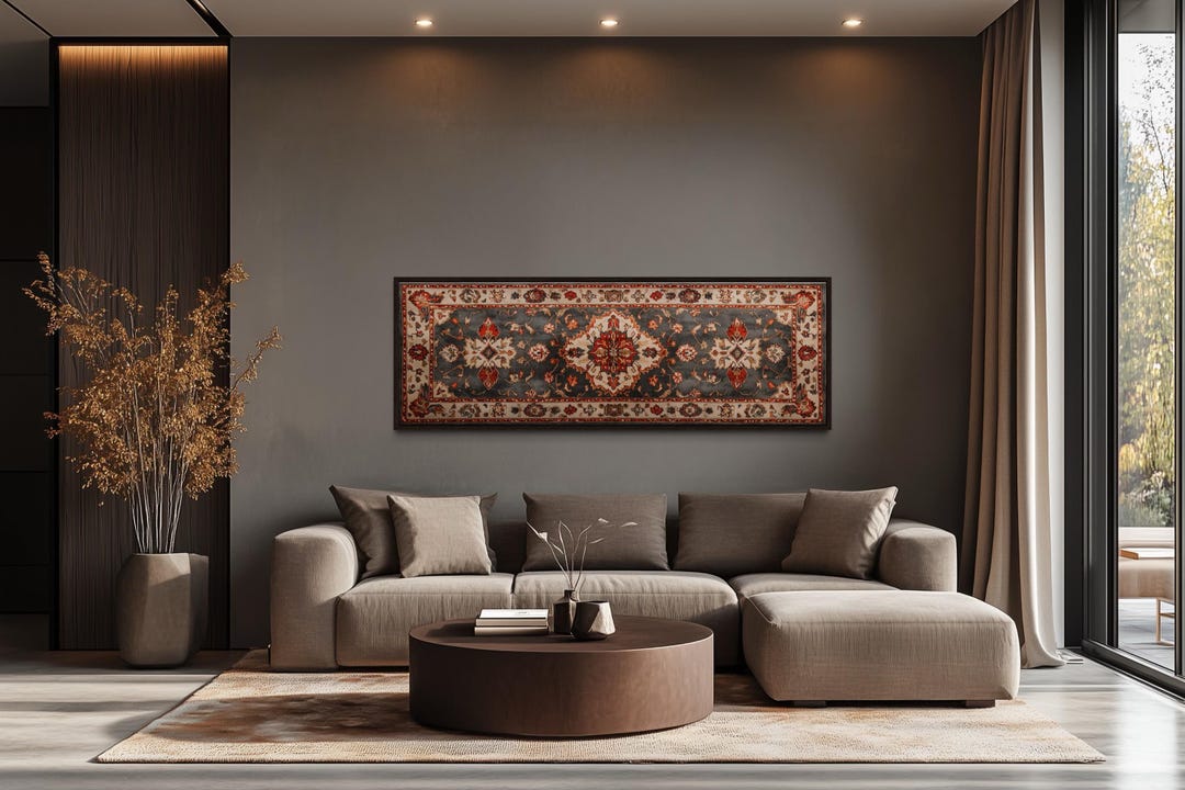 Long Horizontal Rug Persian Rug Style Wall Art, Long Horizontal Rug Design With Red Cream ...
