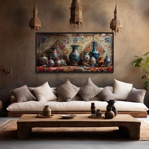 Middle Eastern Wall Art, West Asian Clay Pottery On The Carpet Painting Canvas Print Framed Ready To Hang
