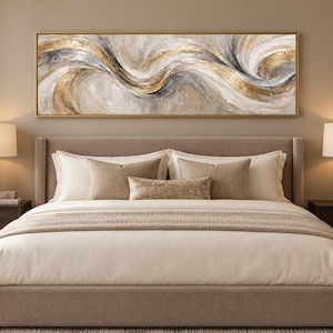 Gold Silver Abstract Swirl Wall Art - Long Horizontal Modern Metallic Painting Canvas Print Above Couch or Bed Decor Framed Ready To Hang