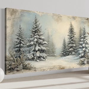 Rustic Fir Trees Forest In Winter Wall Art, Pine Forest In Snow Painting Canvas PRINT, Retro Cabin Farmhouse Wall Decor Framed Ready To Hang