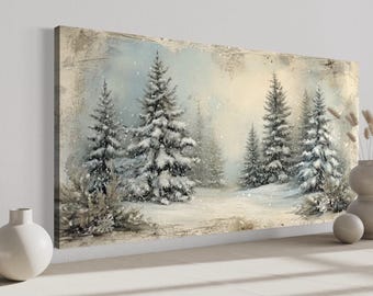 Rustic Fir Trees Forest In Winter Wall Art, Pine Forest In Snow Painting Canvas PRINT, Retro Cabin Farmhouse Wall Decor Framed Ready To Hang