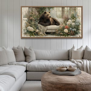 Bear on Couch Floral Wall Art, Rustic Bear Canvas Print, Cottagecore Bear and Flowers Painting, Cozy Wildlife Floral Decor for Living Room