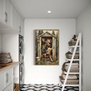 Moose In Outhouse Toilet In The Forest Reading Newspaper Painting Canvas, Lodge Decor Cabin Bathroom Wall Art, Rustic Decor Ready To Hang