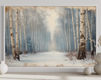 Winter Birch Trees Forest Watercolor Painting Canvas Print - Farmhouse Or Cabin Decor - Winter Landscape Art, Framed Unframed Ready To Hang