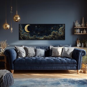 Navy Blue and Gold Moon Crescent Wall Art, Long Narrow Starry Night Sky Painting Canvas Print Above Bed Wall Art Framed Ready To Hang