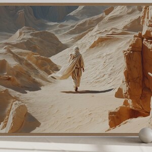 Jesus Walking in the Desert Wall Art, Christ in Wilderness Painting, Neutral Biblical Landscape Print, Framed Ready To Hang
