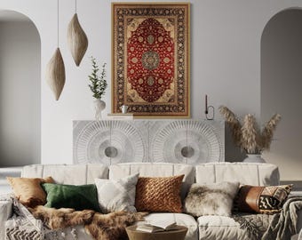 Framed Persian Rug Canvas Wall Art – Ornate Red and Gold Oriental Pattern Painting Print, Traditional Tapestry Style Artwork, Cultural Decor
