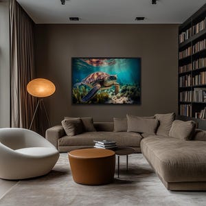 a modern living room with a large window overlooking a serene underwater scene, featuring a turtle swimming among coral and other marine life. The room is furnished with a large sectional sofa, a round coffee table, and a floor lamp, creating a cozy and inviting atmosphere.