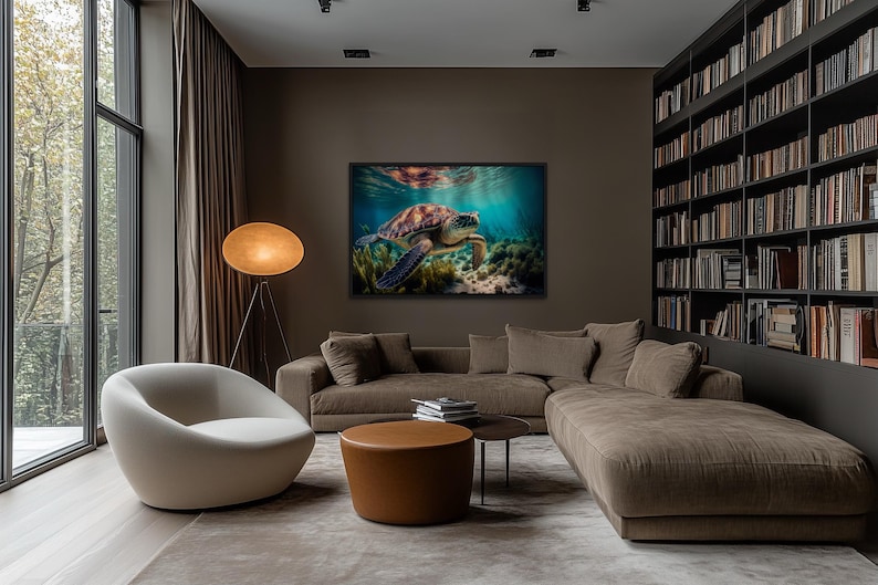 a modern living room with a large window overlooking a serene underwater scene, featuring a turtle swimming among coral and other marine life. The room is furnished with a large sectional sofa, a round coffee table, and a floor lamp, creating a cozy and inviting atmosphere.