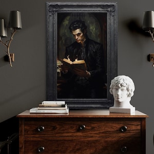 Vampire In Library Reading a Book Painting Canvas PRINT, Library Wall Decor, Bookish Gothic Art, Dark Academia Decor Framed Ready To Hang