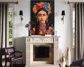 Mexican Woman Portrait Canvas Wall Art – Colorful Folk Art Painting with Bright Flowers and Bold Ethnic Patterns