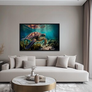 a large, framed painting of a sea turtle swimming underwater, hanging on the wall of a modern living room.