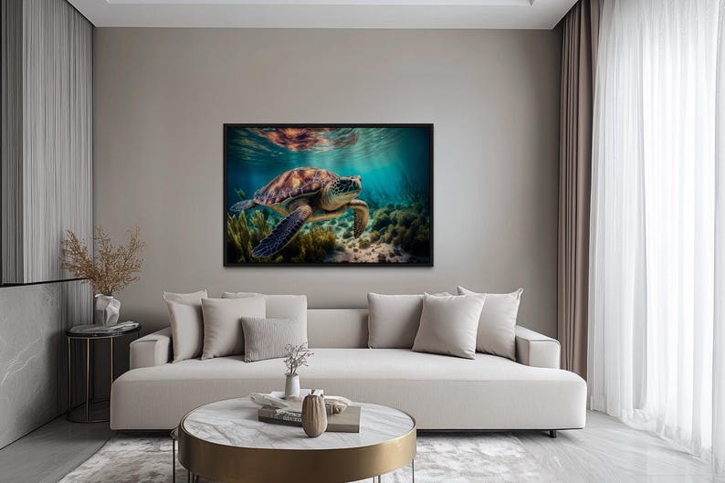 a large, framed painting of a sea turtle swimming underwater, hanging on the wall of a modern living room.