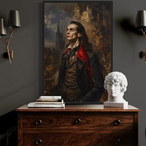 Vampire Near His Castle Gothic Painting Canvas PRINT, Dark Academia Dracula Portrait Wall Art, Victorian Portrait Gothic Art Ready To Hang