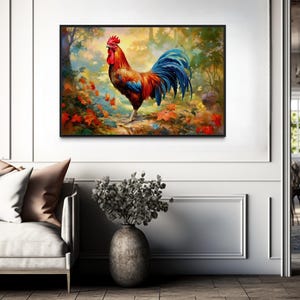 a large, colorful painting of a rooster hanging on a wall in a modern living room.