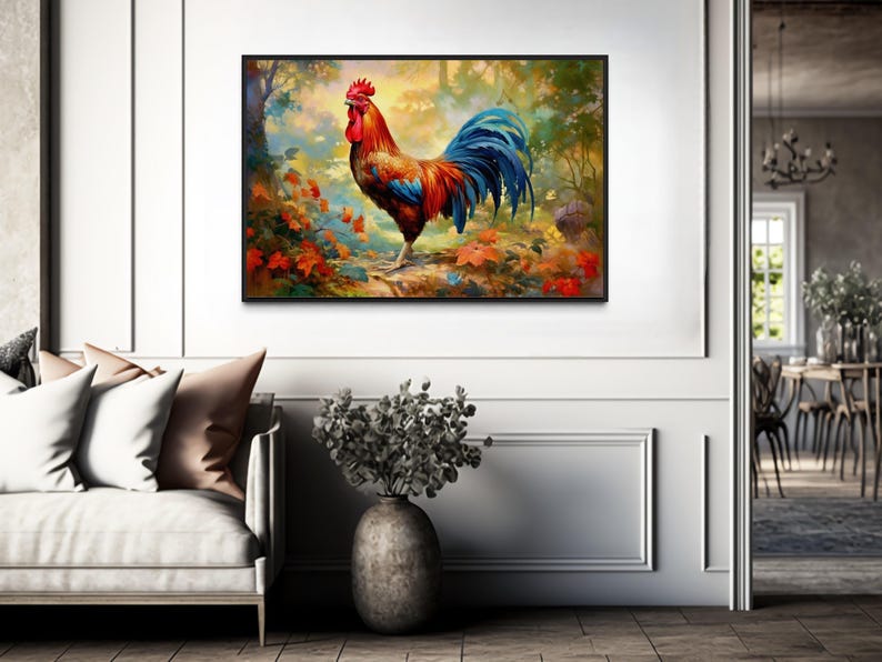 a large, colorful painting of a rooster hanging on a wall in a modern living room.