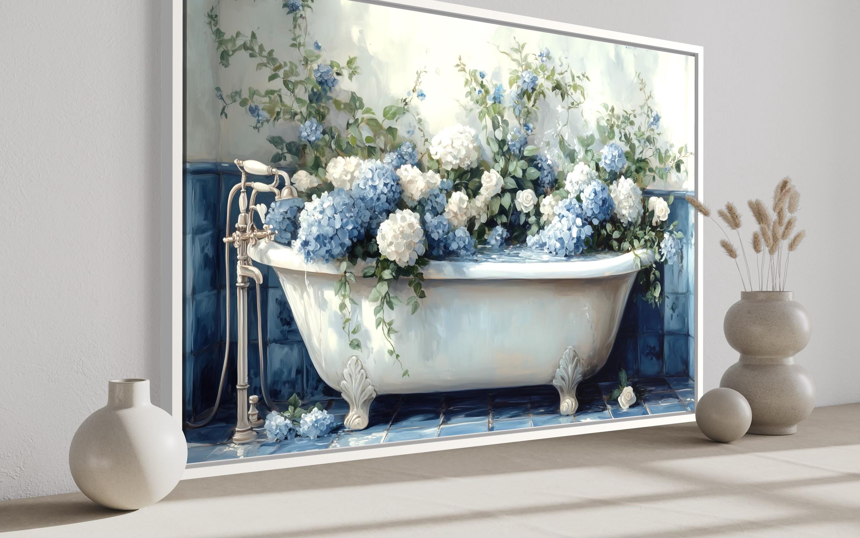 Blue Floral Bathroom Wall Art Blue and White Hydrangea Clawfoot Tub