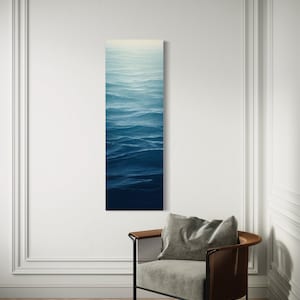 Long Narrow Vertical Wall Art Ocean Waves Seascape Navy Blue Painting Canvas Print, Tall Slim Coastal Artwork Ready To Hang