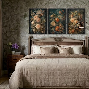 Framed European Tapestry Wall Art Set of 3 Boho Wall Decor, Antique Floral Painting Canvas PRINT,  Ready To Hang