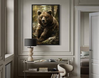 Bear In The Forest Painting Canvas Print - Cabin Wall Art, Wildlife Woodland Animals Wall Decor For Lodge Framed Ready To Hang
