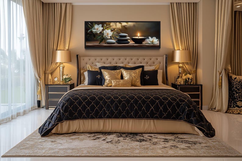 a luxurious bedroom with a large bed, plush bedding, and a framed artwork featuring a still life of flowers and stones on the wall.