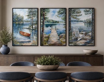 3 Piece Lake House Wall Art, Fishing Dock, Old Boat And Adirondack Chair Watercolor Paintings Canvas Print Framed Ready To Hang