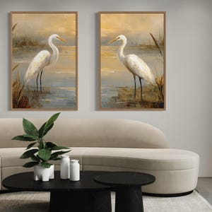 Vertical Egrets Wall Art, Set of 2 White Herons In Marsh Painting Canvas Print, Neutral Bird Art For Living Room Or Coastal Decor