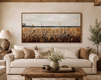 Framed Wildflowers Field Canvas Painting PRINT, Retro Farmhouse Wall Art, Boho Botanical Rustic Home Decor,  Ready To Hang
