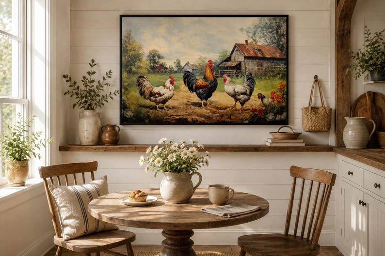 Farmhouse Wall Art, Roosters Chickens Retro Painting Canvas PRINT, Farm Wall Decor, Farm Kitchen Art Framed Unframed Ready to Hang image 17