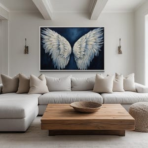 White Angel Wings On Blue Background Wall Art - Abstract Oil Painting Printed on Canvas - Religious Painting - Framed Ready To Hang