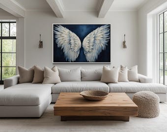White Angel Wings On Blue Background Wall Art - Abstract Oil Painting Printed on Canvas - Religious Painting - Framed Ready To Hang