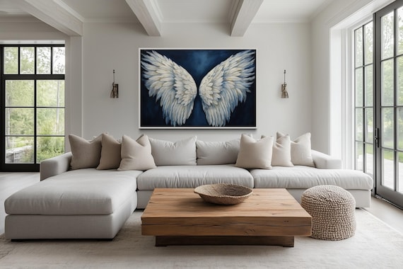 White Angel Wings On Blue Background Wall Art - Abstract Oil Painting Printed on Canvas - Religious Painting - Framed Ready To Hang