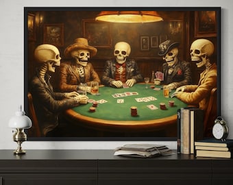 Skeleton Poker Canvas Wall Art – Dark Western Gothic Skull Playing Cards Artwork for Men, Poker Night Game Room Bar Lounge Man Cave Decor