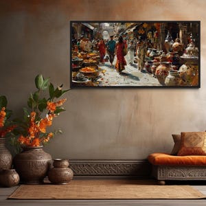 Vibrant Indian Market Scene Painting, Colorful Street Bazaar Wall Art, Cultural Heritage Decor, Framed Ready To Hang